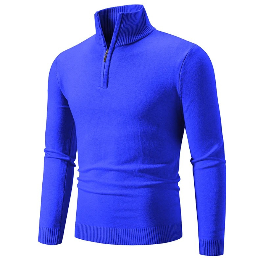 Comfortable knitted pullover with high collar and zip fastening