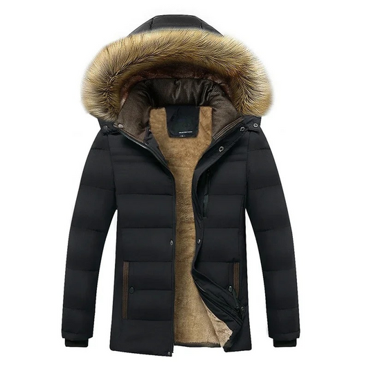 Men's lined parka jacket with detachable faux fur collar