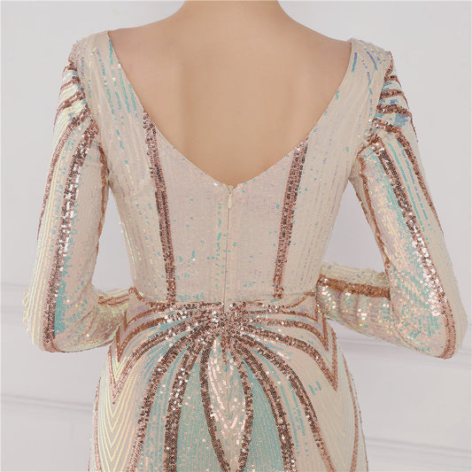 Banquet Elegant Long Sleeve Aura Queen Fishtail Dress with Sequins