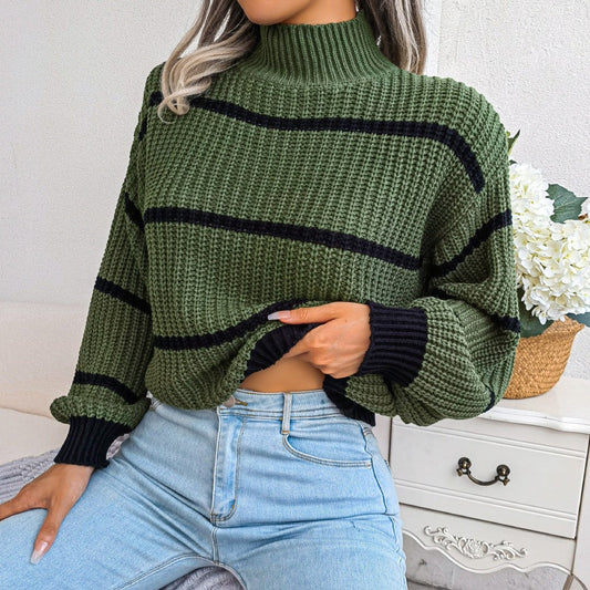 Women - Turtleneck Jumper - Chic Striped Pattern - Cozy Knit Sweater for Stylish Comfort