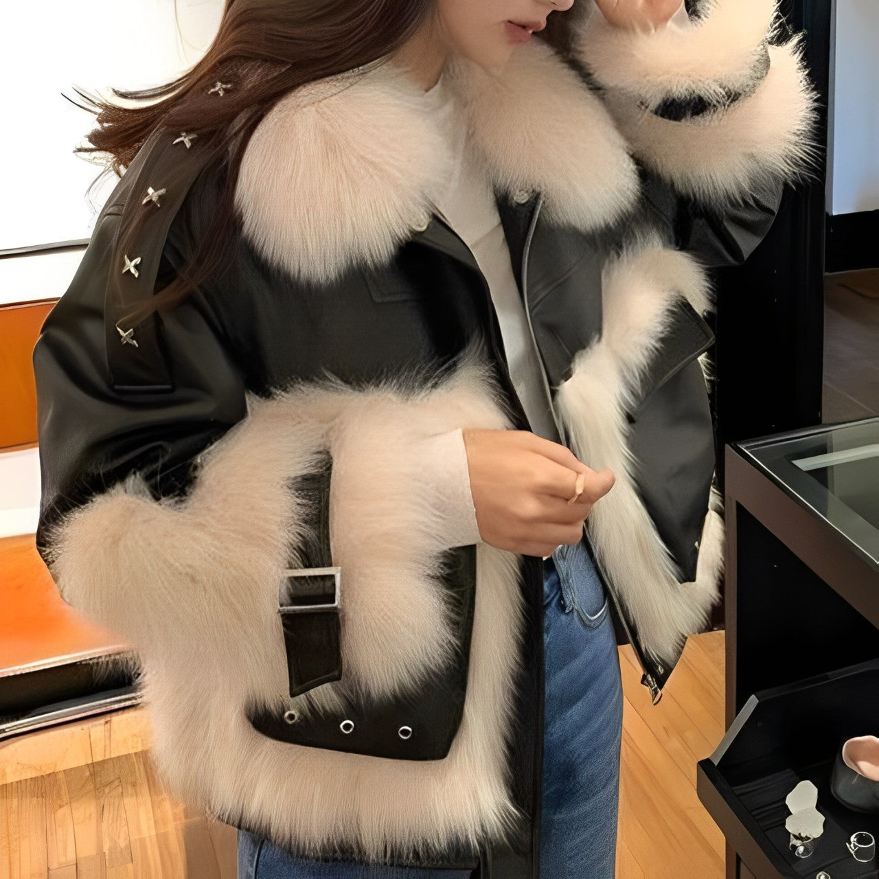 Women - Loose Leather Coat - Faux Fur Lining - Stylish Outerwear for Chic Comfort