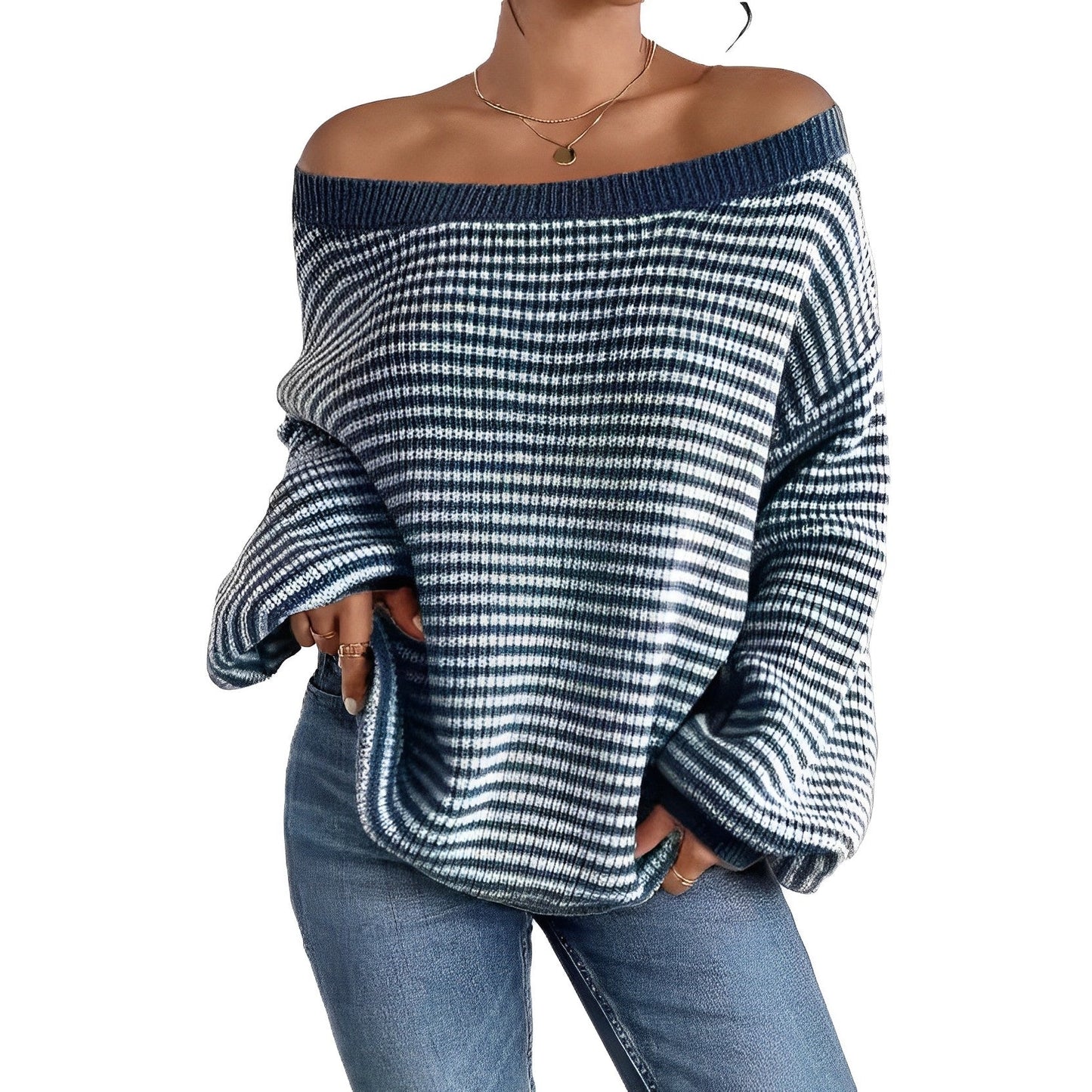 Women - Off-the-Shoulder Jumper - Striped Knit Fabric - Casual Stylish Sweater for Effortless Style