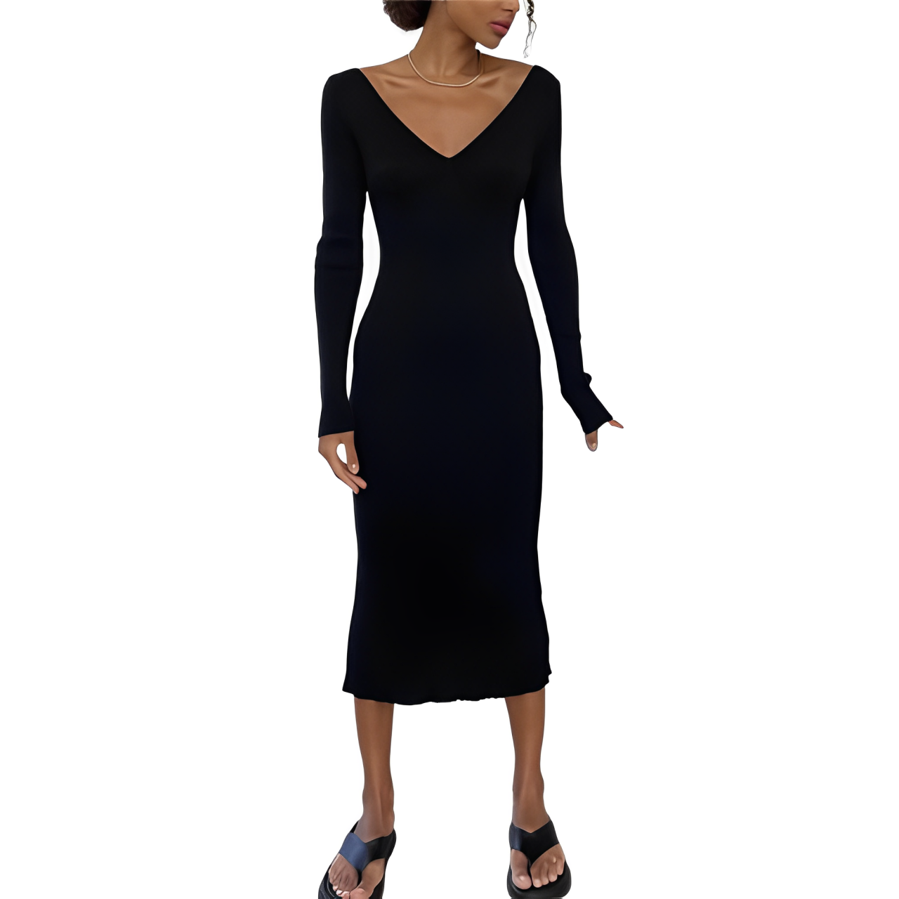 Knitted dress with V-neck and ribbed structure