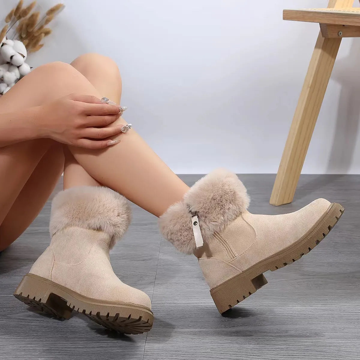 Women - Boots - Plush Material - Elegant Design with Zip Fastening - Stylish and Comfortable Footwear