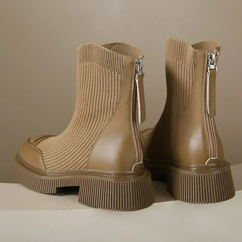 Ribbed knit platform ankle boots with zip detail