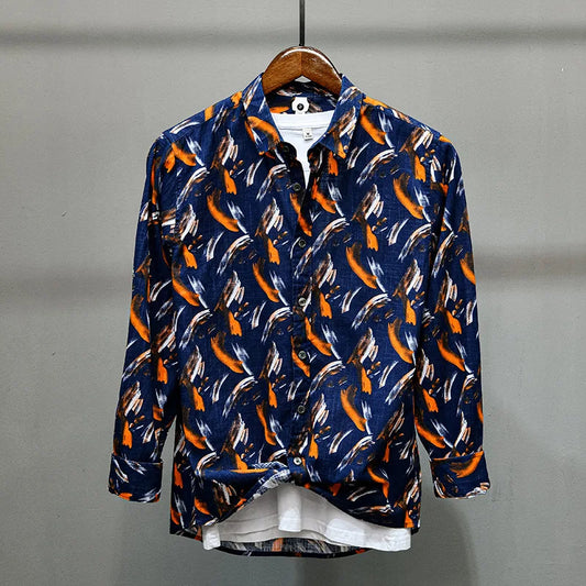 Shirt with turn-down collar and striking feather print