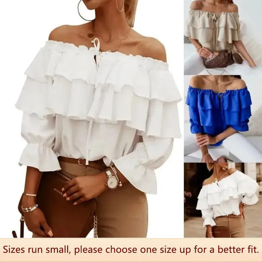 Women's blouse in loose chiffon with off-the-shoulder and flounce edge, elasticated shoulder strap