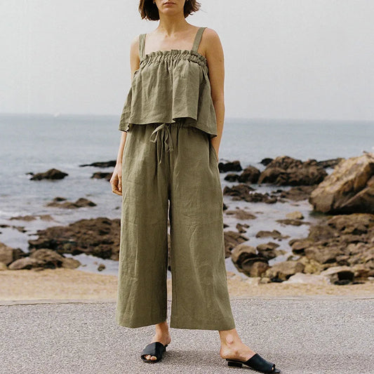 Two-piece linen outfit with ruffle detail