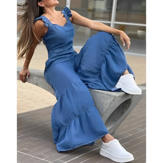 Sleeveless jumpsuit with wide leg and ruffles