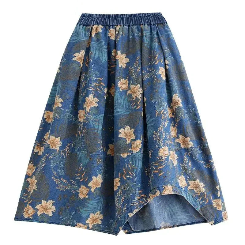 Retro printed floral denim skirt