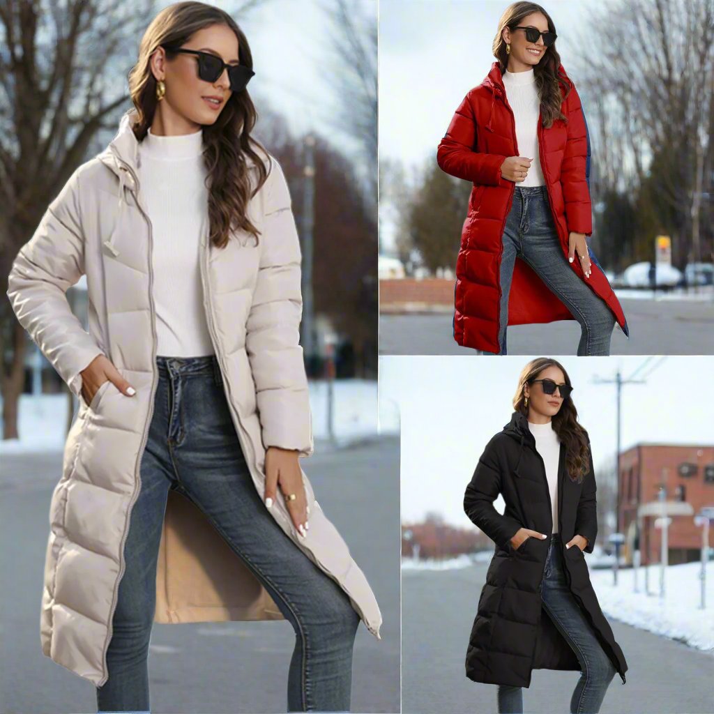 Women - Long Jacket - Hooded with Quilted Lining - Stylish Warm Outerwear for Cold Weather