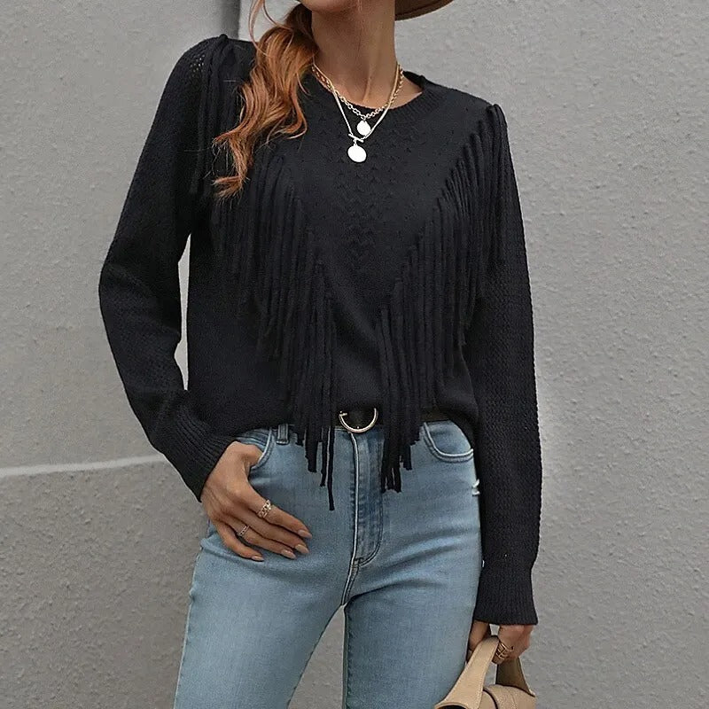 Women - Wide Jumper - Cozy Knit with Fringes - Stylish Fall Sweater