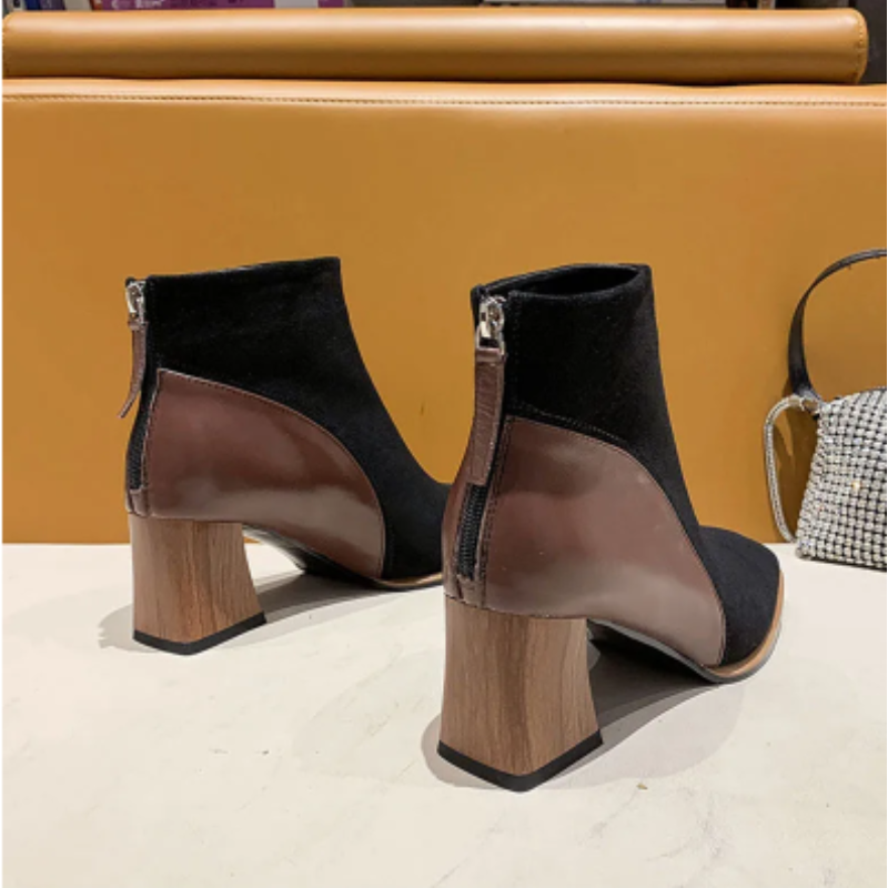 Women's Ankle Boots with Block Heels and Zipper at Side - Women's Ankle Boots