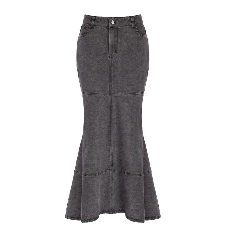 Grey Denim Split Splice High-Waist Mermaid Skirt