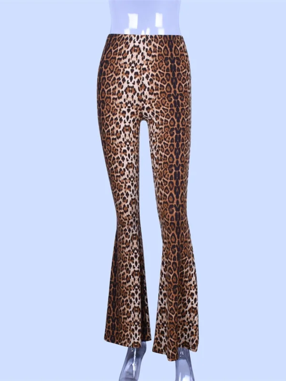 Women's leopard print flared trousers with high waist