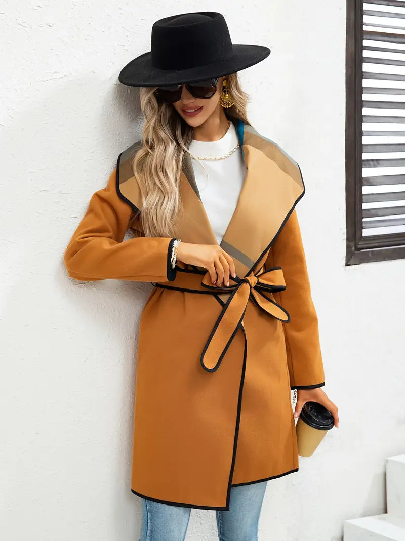 Coat with waterfall collar and belt