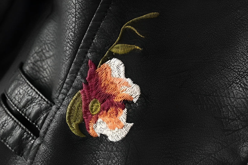 Womens Black Vegan Leather Floral Embroidered Jacket