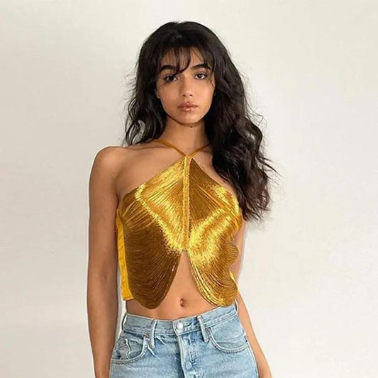 Metallic cross-front halter crop top