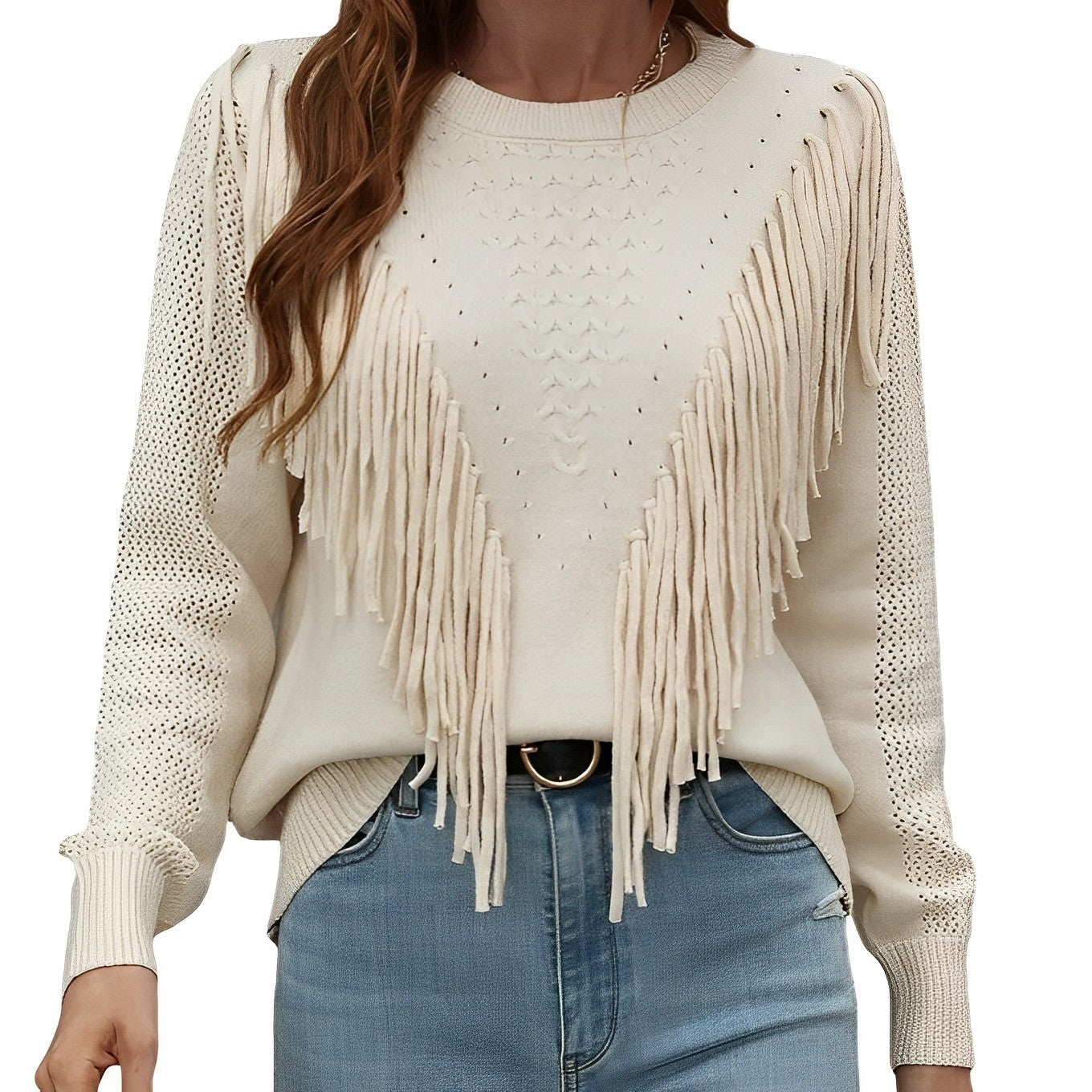 Women - Wide Jumper - Cozy Knit with Fringes - Stylish Fall Sweater