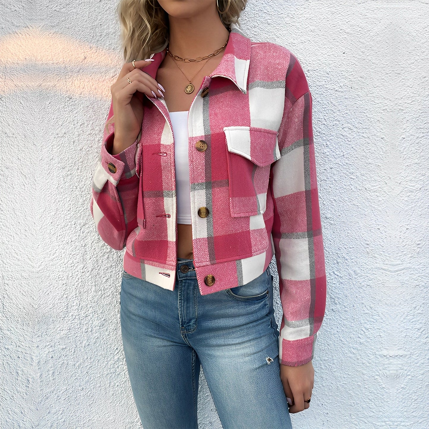 Women - Jacket - Stylish Checked Design - Trendy Lapel Outerwear for Every Occasion