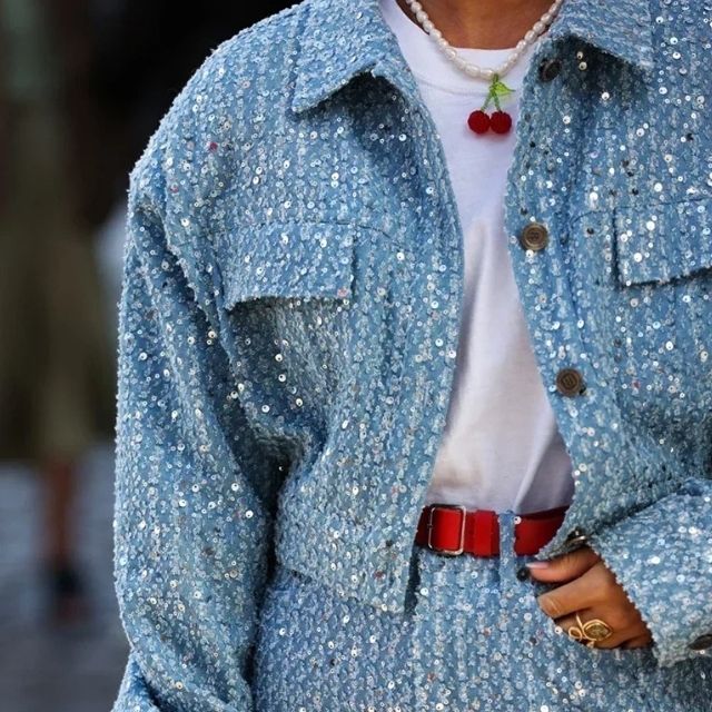 Sequinned denim jacket and shorts set