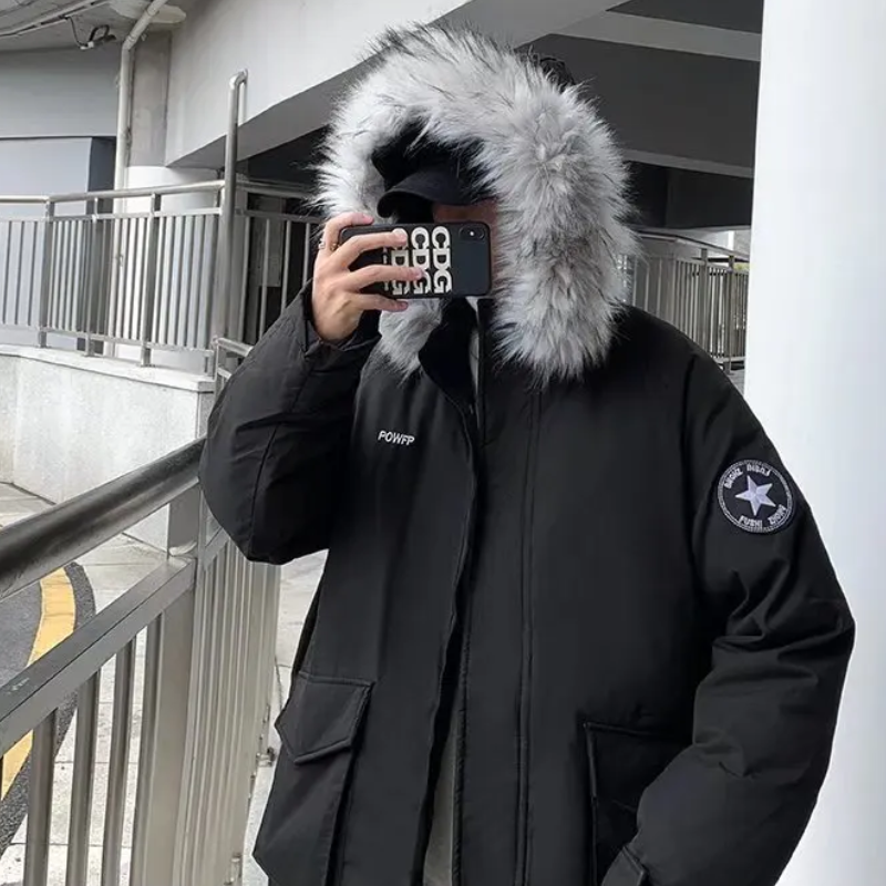 Mens winterproof parka jacket with detachable faux fur collar