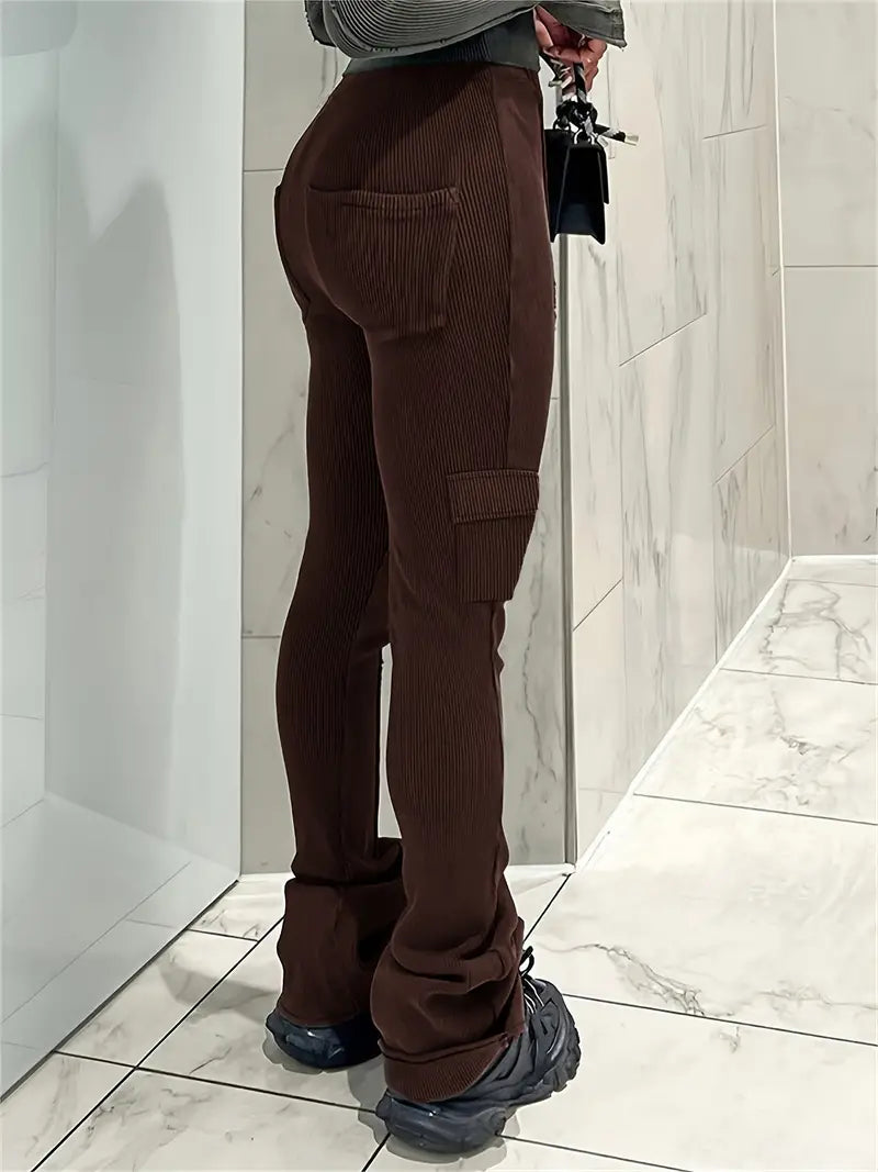 Women - High-Waisted Trousers - Casual Ribbed Style - Comfortable and Stylish Fashion Essentials