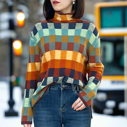 Women - Wool Jumper - Cozy Colorful Checked Knitwear - Stylish & Comfortable Fashion