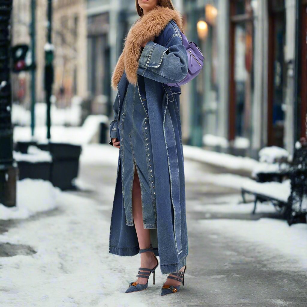 Women - Denim Trench Coat - Elegant Style with Belt - Chic Outerwear for Every Season