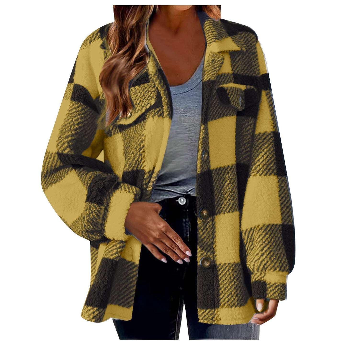 Women - Plush Jacket - Checked Design with Button - Cozy Style for All Occasions