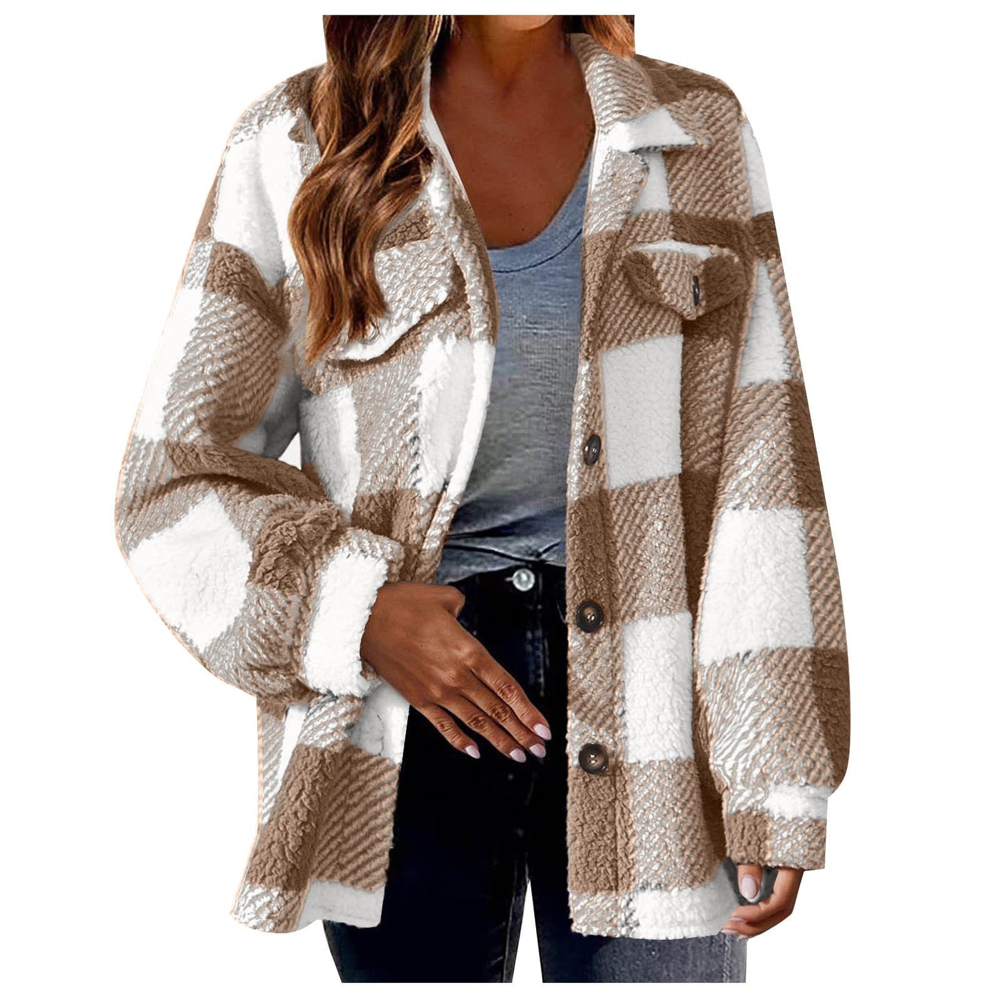 Women - Plush Jacket - Checked Design with Button - Cozy Style for All Occasions