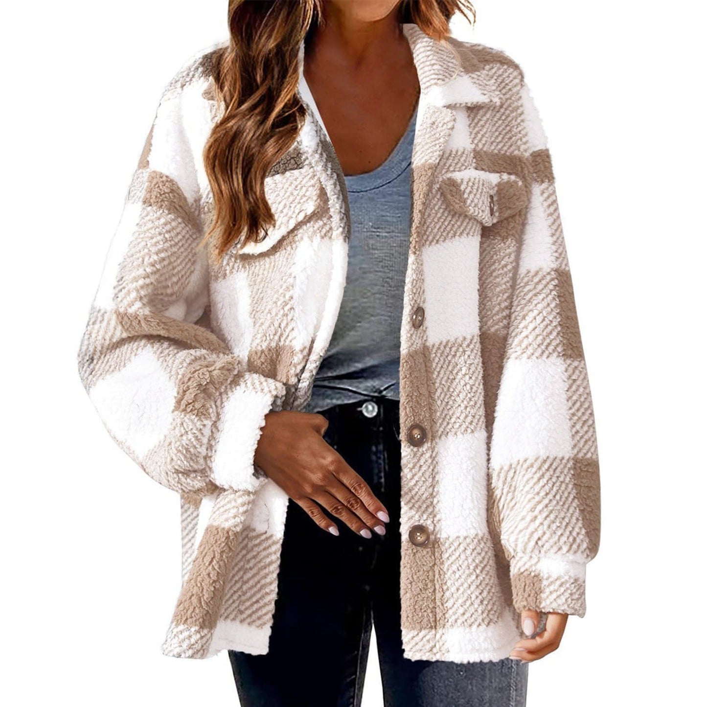 Women - Plush Jacket - Checked Design with Button - Cozy Style for All Occasions