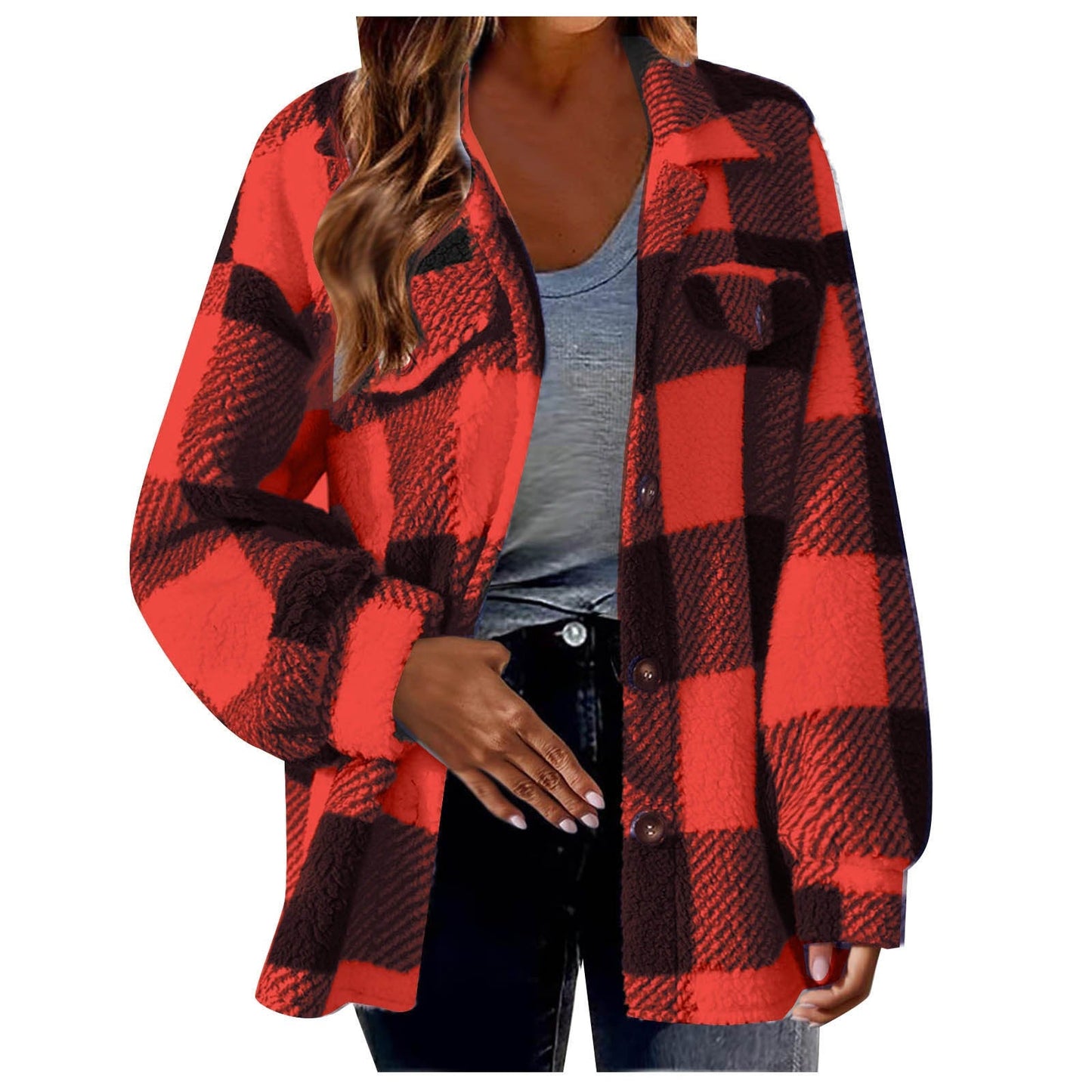 Women - Plush Jacket - Checked Design with Button - Cozy Style for All Occasions