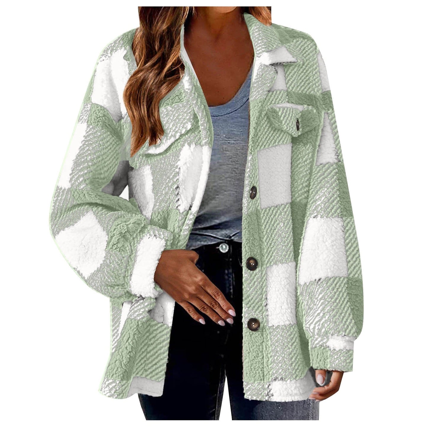 Women - Plush Jacket - Checked Design with Button - Cozy Style for All Occasions