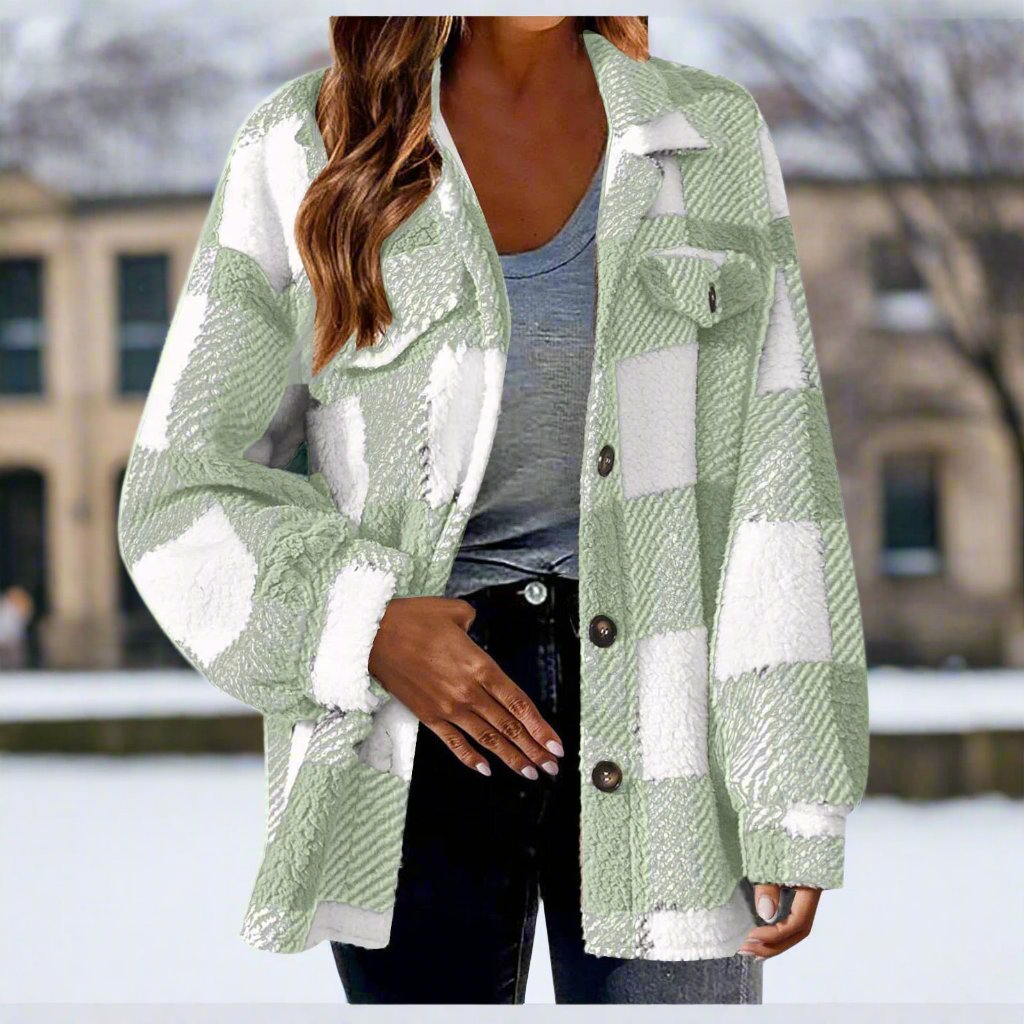 Women - Plush Jacket - Checked Design with Button - Cozy Style for All Occasions