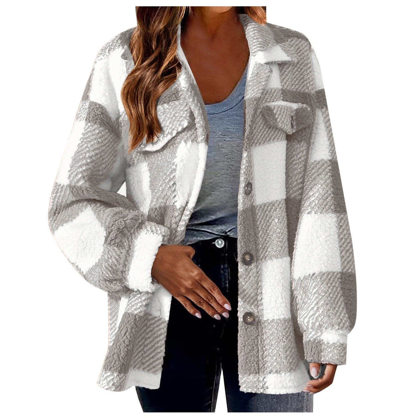 Women - Plush Jacket - Checked Design with Button - Cozy Style for All Occasions