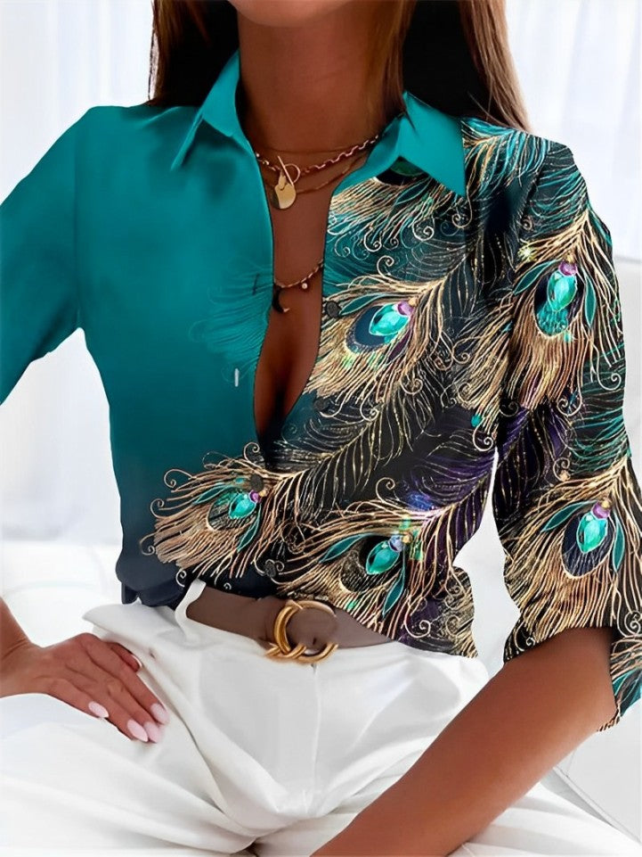 Feather print lapel blouse