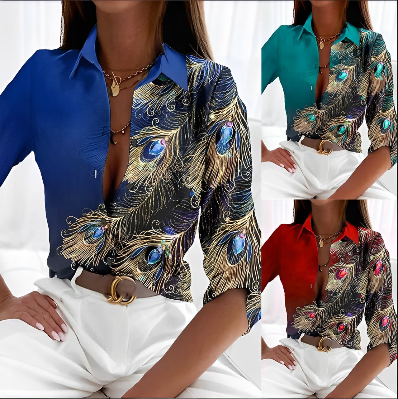 Feather print lapel blouse