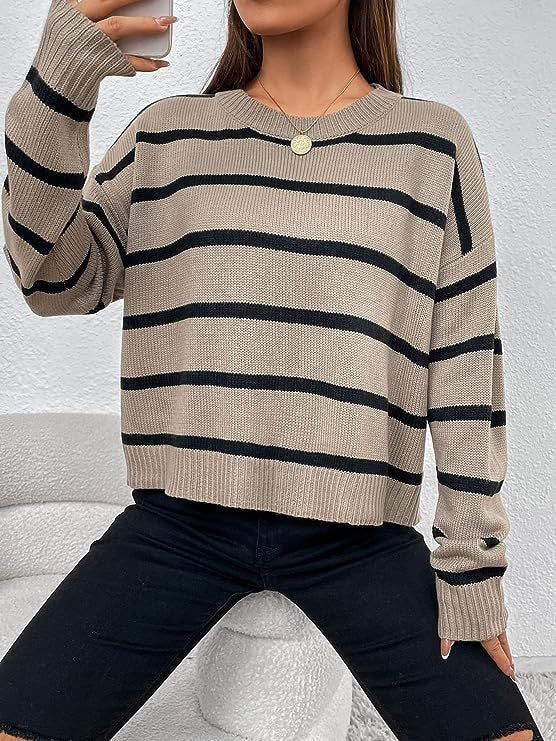 Women's Loose Knit Jumper - Striped Pattern - Cozy and Stylish Knitwear for Every Occasion