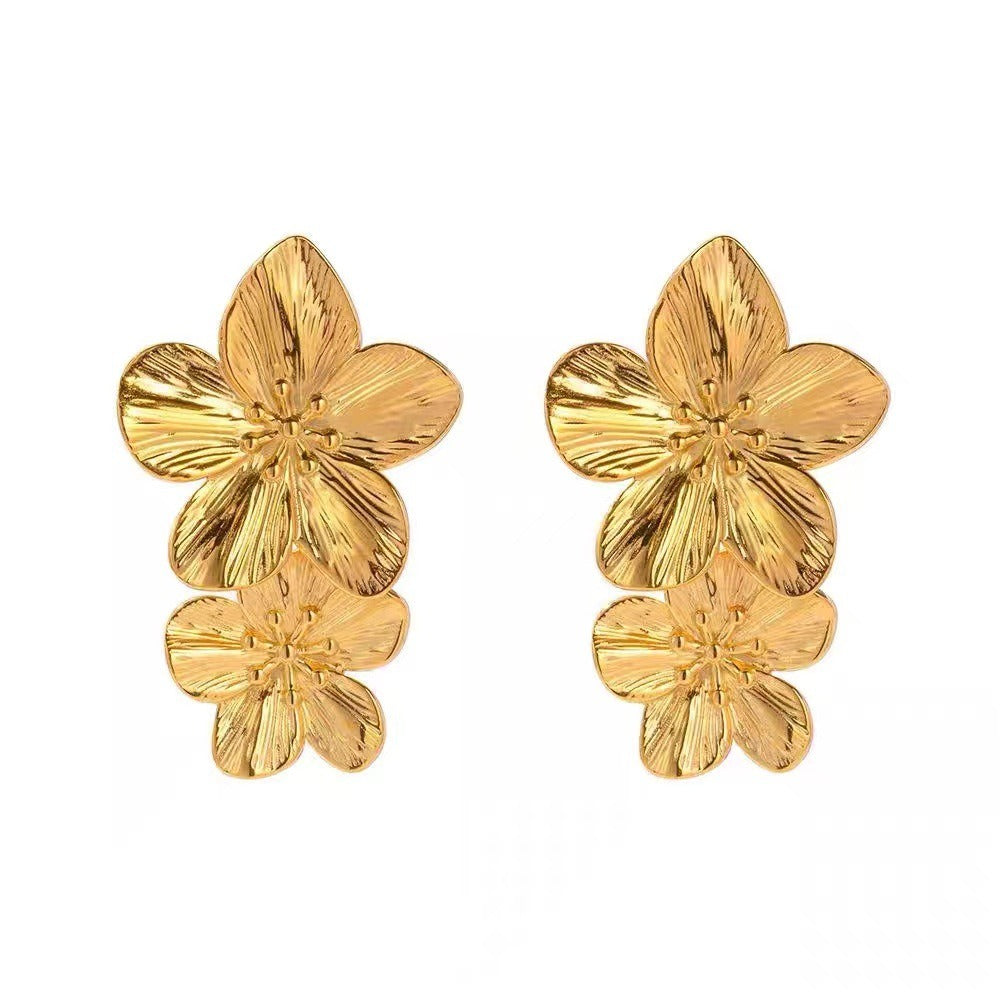 Women's - Retro Stud Earrings - Double-Layered Petals - Elegant Floral Design - Perfect Accessory for Any Outfit