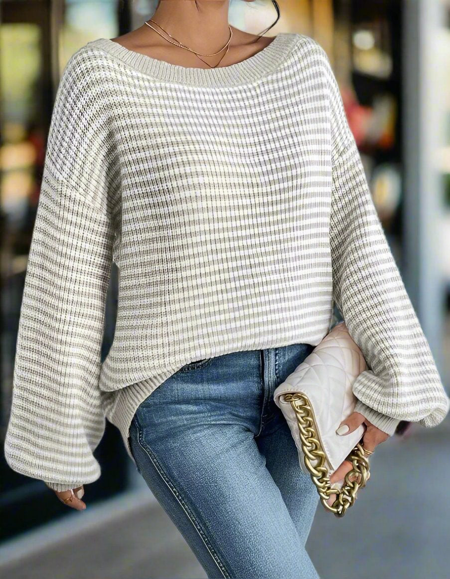 Women - Off-the-Shoulder Jumper - Striped Knit Fabric - Casual Stylish Sweater for Effortless Style