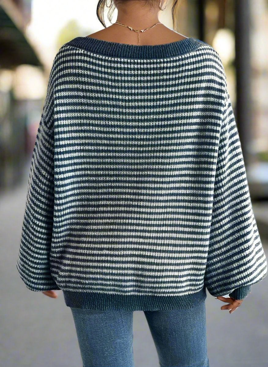 Women - Off-the-Shoulder Jumper - Striped Knit Fabric - Casual Stylish Sweater for Effortless Style