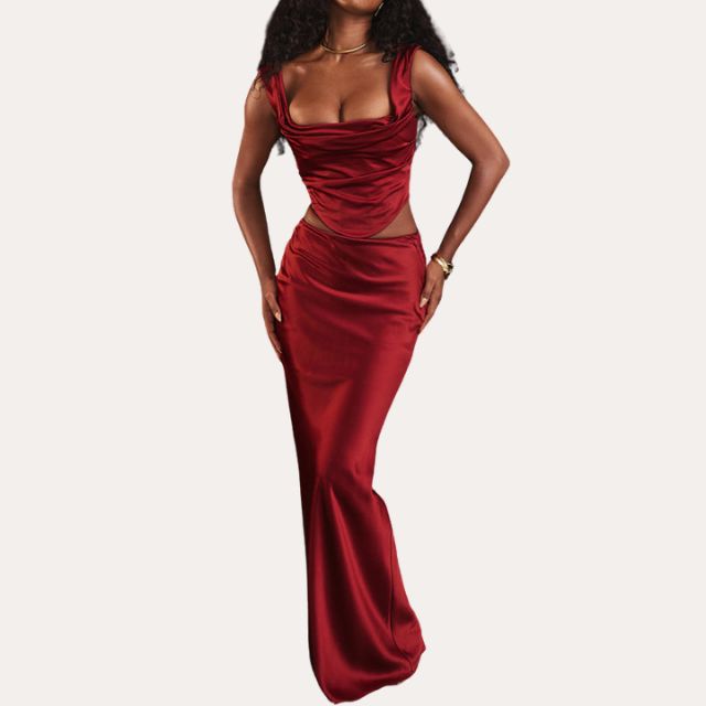 Satin mermaid dress with waterfall neckline