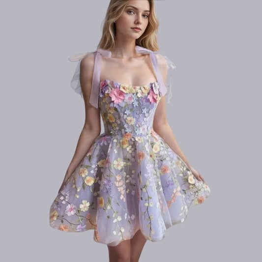 Tulle cocktail dress with floral appliqués