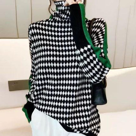 Green Striped Sweater with Black and White Checkered Pattern