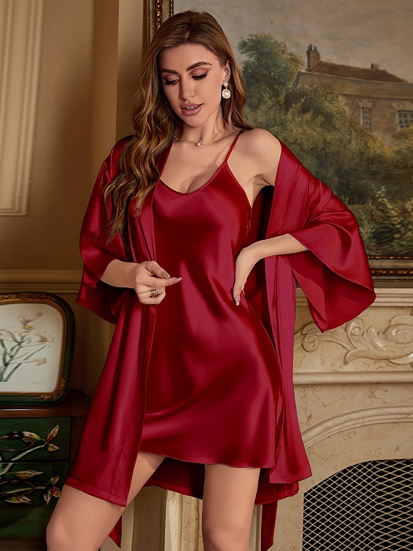 Women's - Satin nightgown & dressing gown set - Elegant design for stylish nights - Nightwear