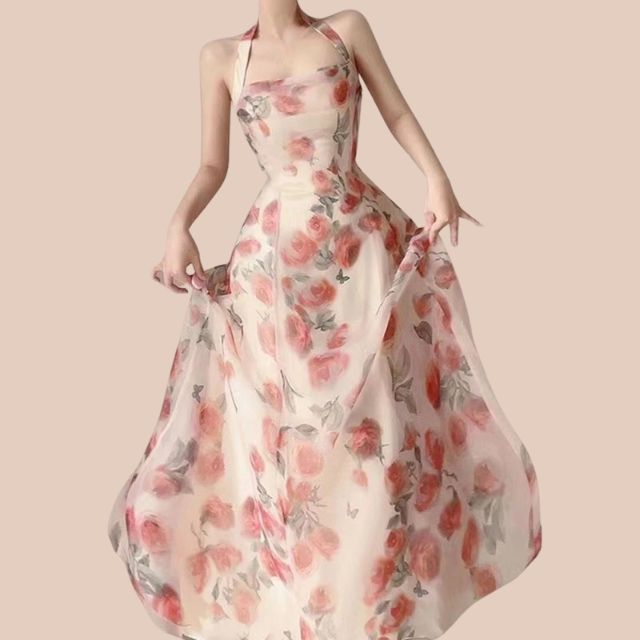 A-line dress with floral pattern and halterneck