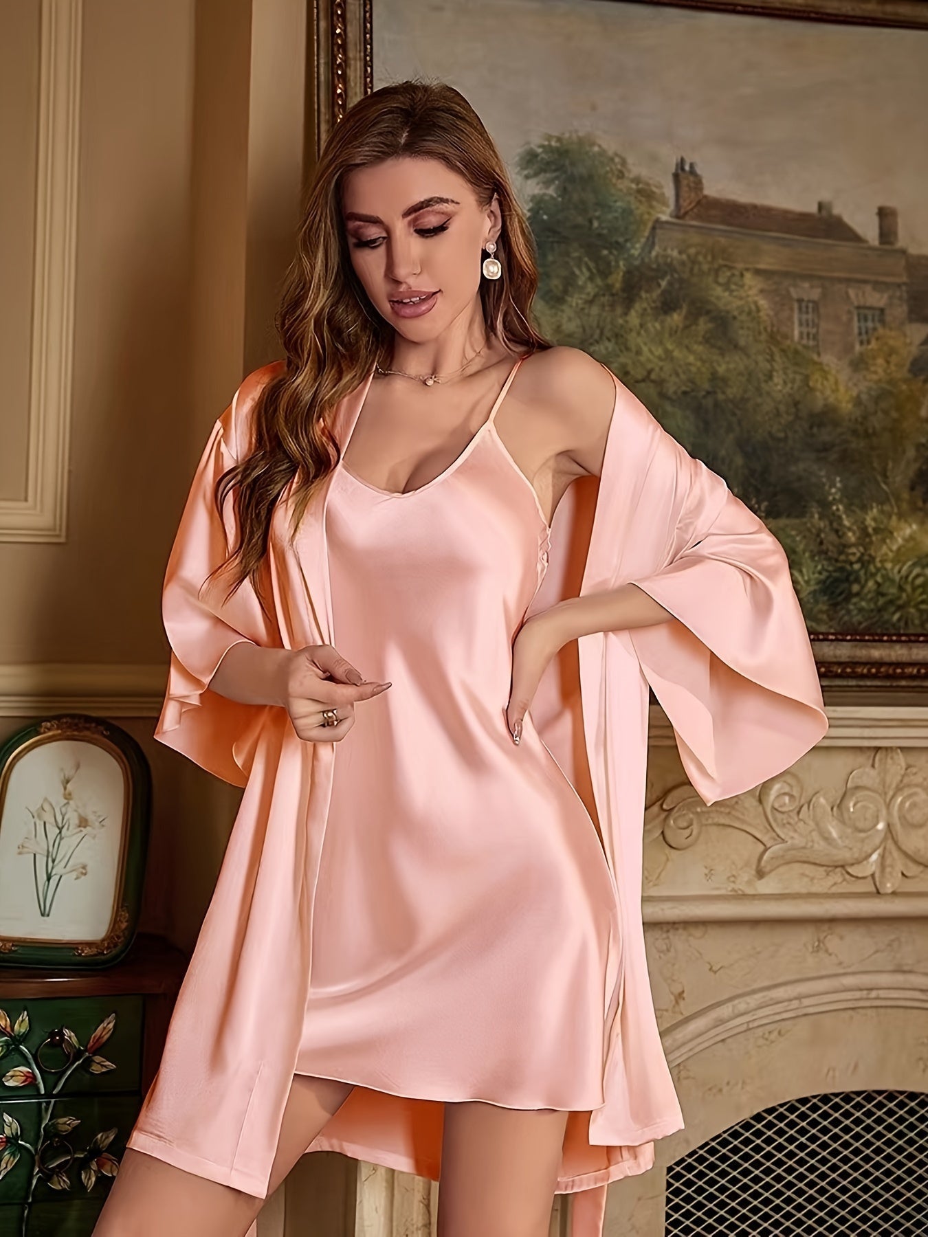 Women's - Satin nightgown & dressing gown set - Elegant design for stylish nights - Nightwear