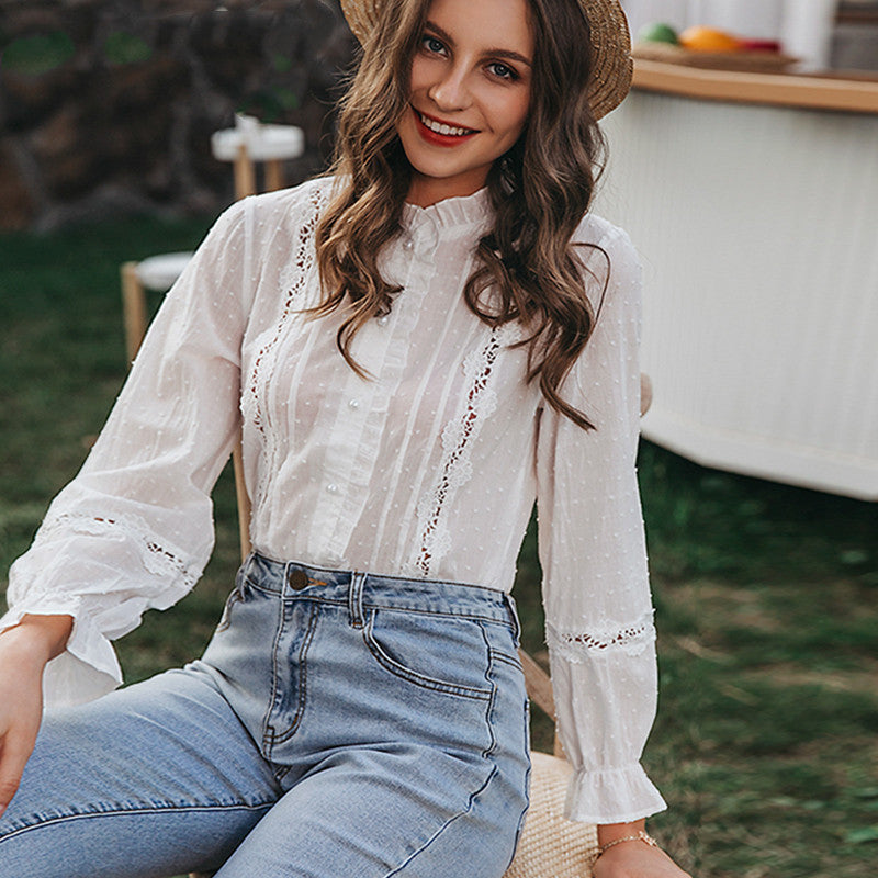 Long-sleeved ruffled blouse with hollow back