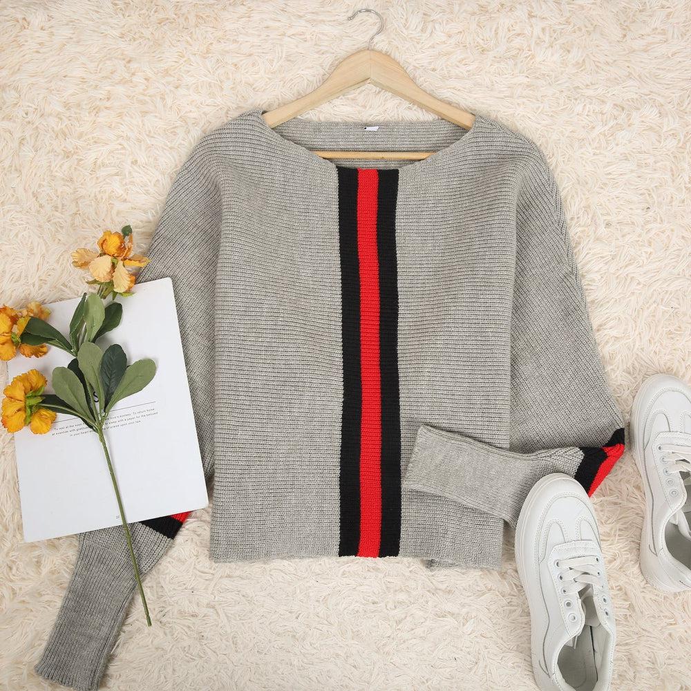 Women - Striped Jumper - Grey and Red - Cozy Casual Knitwear